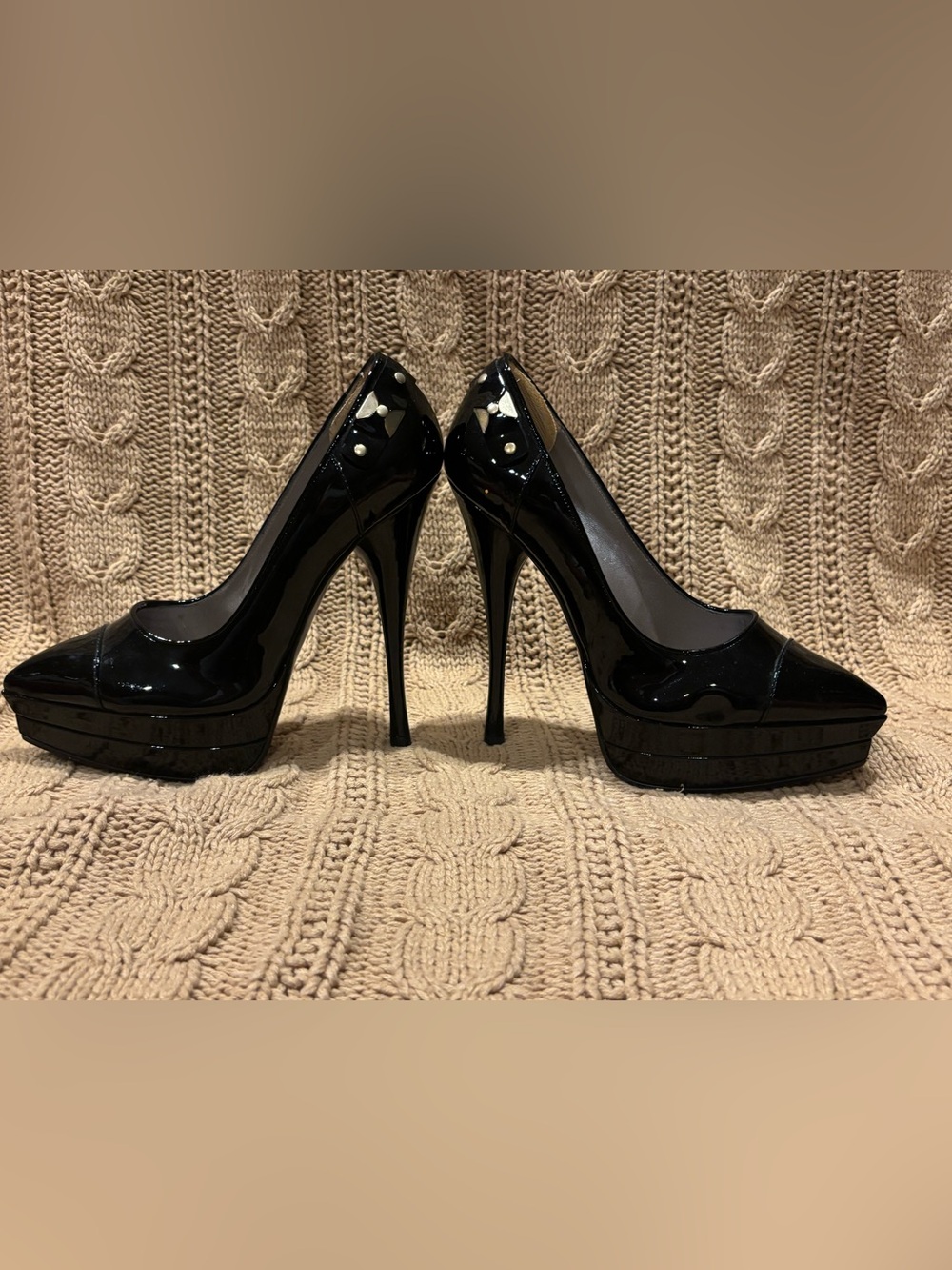Versace Black Patent Platform Stiletto Pumps with Stud Accents